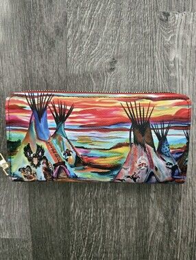 Native American Print Zip Wallet | Colorful Teepee Western Leather Clutch